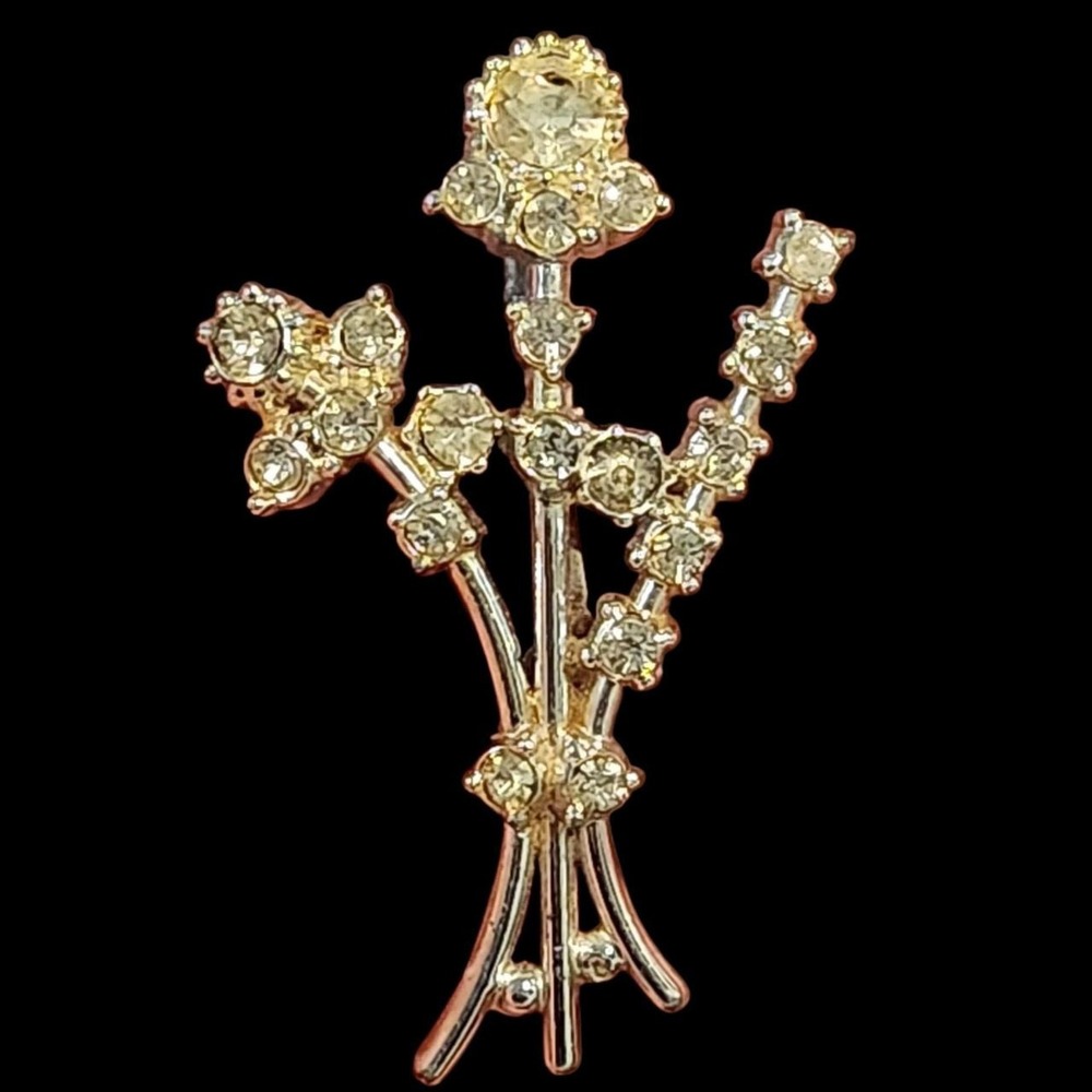 Cross Bouquet Brooch Pin Bling Festival Gold Clear Rhinestone Flower